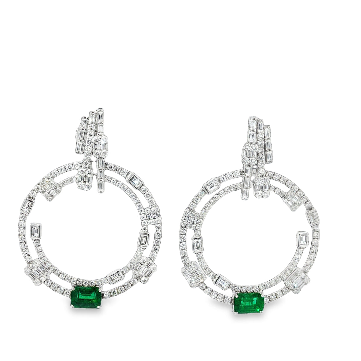 White Gold Diamond Hoop Earrings with Rectangular Emeralds 18KT