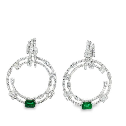 White Gold Diamond Hoop Earrings with Rectangular Emeralds 18KT