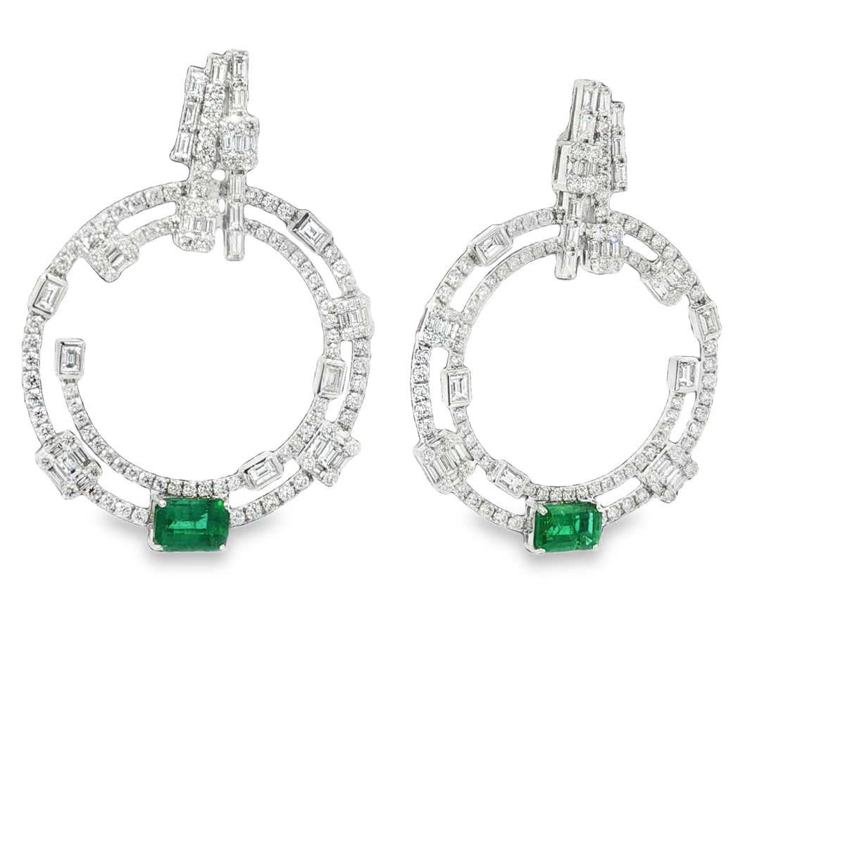 White Gold Diamond Hoop Earrings with Rectangular Emeralds 18KT