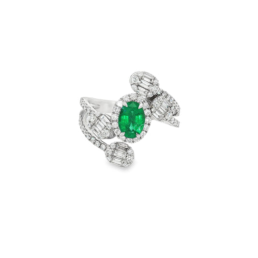 White Gold Diamond Ring with Emerald 18KT