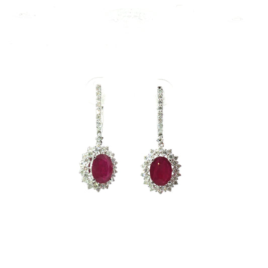 White Gold Diamond and Burmese Ruby Drop Earrings 18k