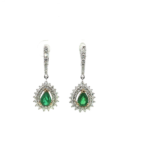 Diamond and Emerald Drop Earrings in White Gold 18k