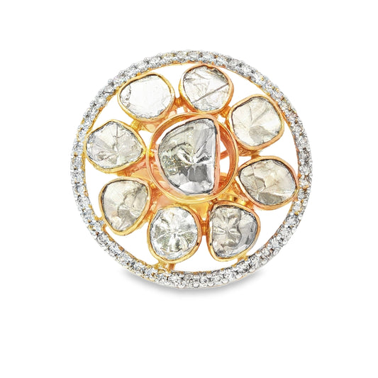 Yellow Gold Cocktail Adjustable Ring with Un Cut and Rose Cut Diamonds in14Kt