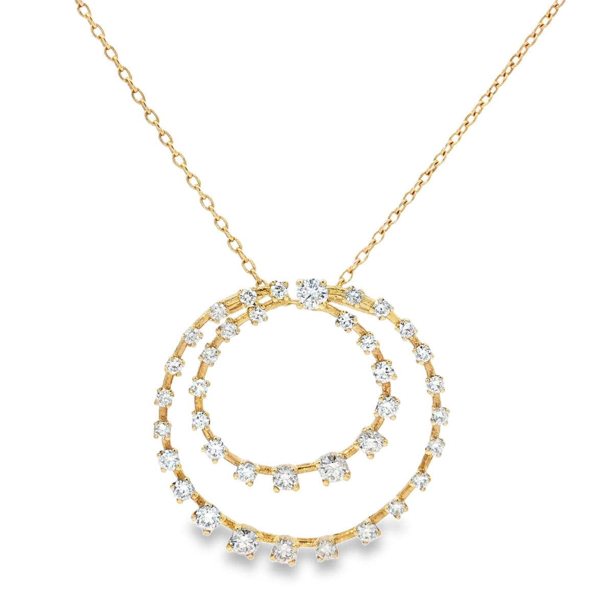 Yellow Gold Diamond Double Circle Pendant Necklace 18KT